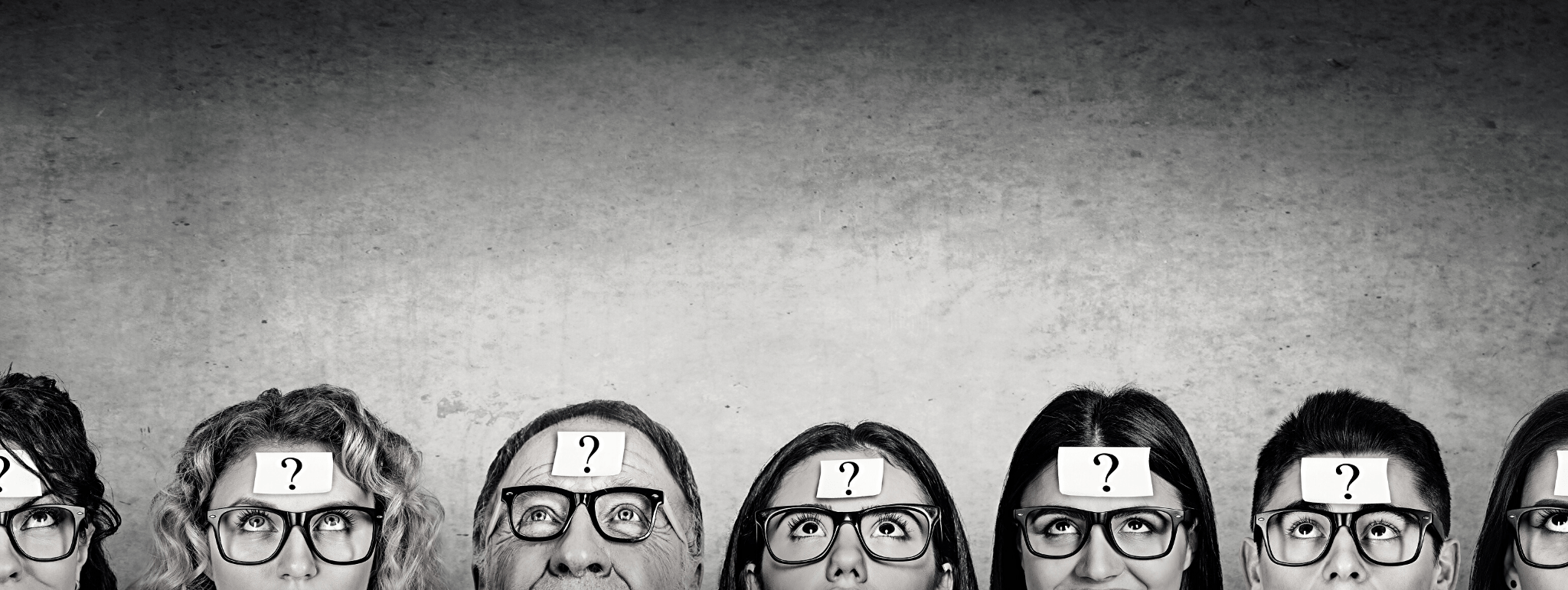 Cut off faces at bottom of screen looking up with question mark on foreheads